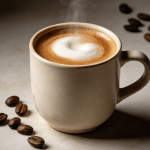 A steaming cup of coffee placed on a table.