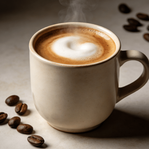 A steaming cup of coffee placed on a table.