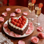 Heart-shaped chocolate cake with strawberries and champagne glasses.
