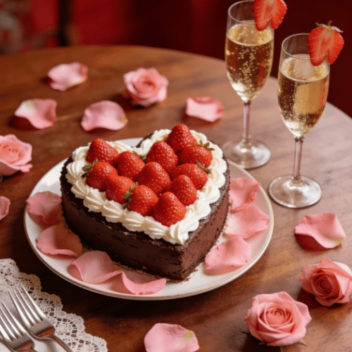 Heart-shaped chocolate cake with strawberries and champagne glasses.