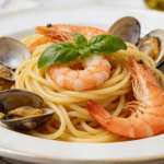 Mediterranean seafood pasta with shrimp, mussels, and fresh basil.