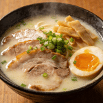 Asian noodle soup with sliced meat and soft-boiled egg.