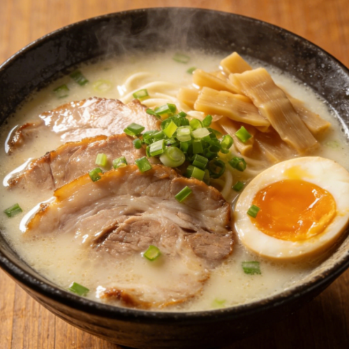 Asian noodle soup with sliced meat and soft-boiled egg.