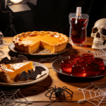 Pumpkin pie slices with dark chocolate and spooky decor.