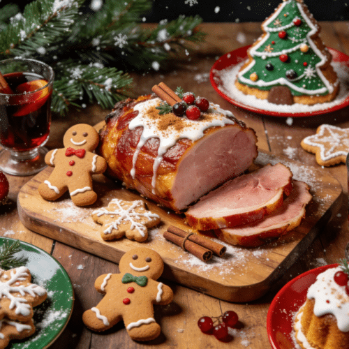Roasted ham with festive cookies and holiday decorations.