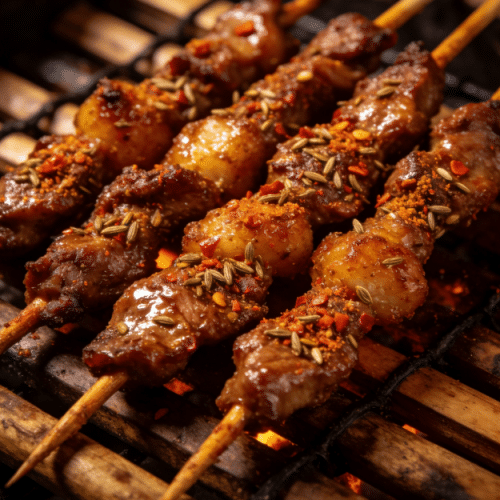 grilled chicken skewers with vegetables and smoky barbecue glaze