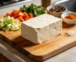 firm tofu block on wooden board