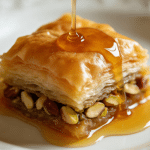Lebanese layered pastry dessert with golden syrup topping.