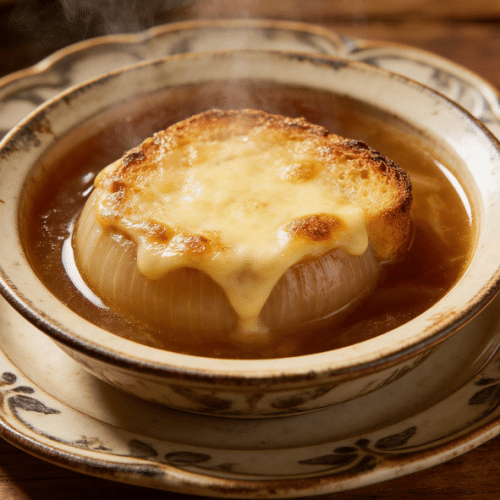 A bowl of hot French onion soup with melted cheese on top.