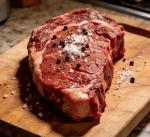 medium rare beef steak on cutting board