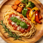 A plate of spaghetti with roasted vegetables and a sprinkle of herbs.