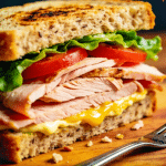 A freshly made sandwich filled with turkey, lettuce, and cucumbers.