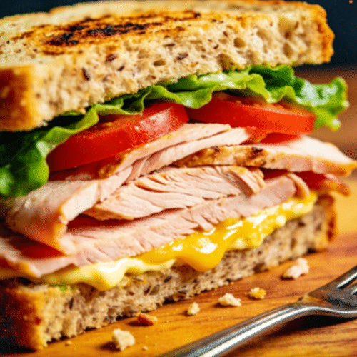 A freshly made sandwich filled with turkey, lettuce, and cucumbers.