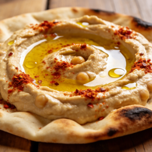 Middle Eastern hummus served with warm pita bread.