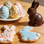 Easter cookies and chocolate bunny with pastel decorations.