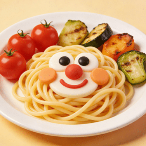 A fun pasta dish shaped like a smiling face with tomatoes and broccoli.