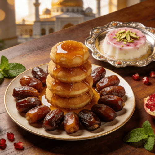 Dates and pancakes served with tea for iftar.