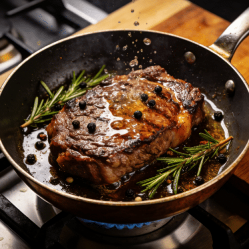 stovetop pan-seared steak with rosemary, garlic, and roasted vegetables