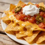 Mexican nachos topped with salsa and sour cream.