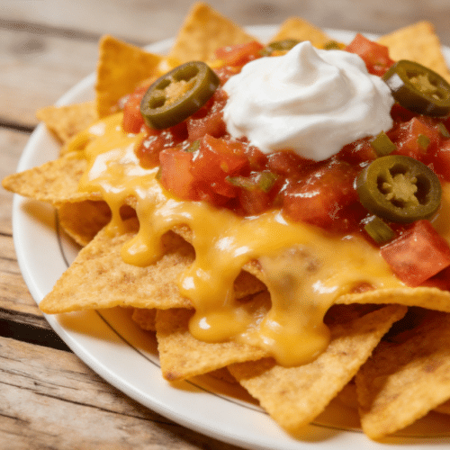 Mexican nachos topped with salsa and sour cream.