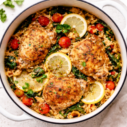 one-pot chicken and vegetables with lemon, garlic, and herbs