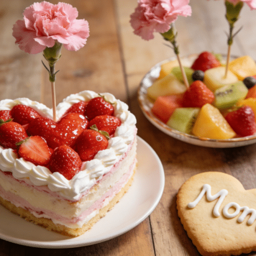 Fresh strawberry layer cake served with fruit and flowers.