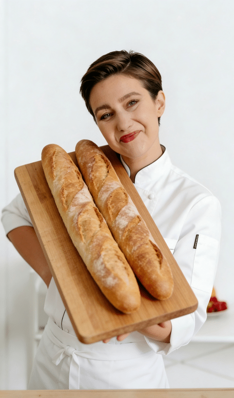 Female chef holding two baguettes on a wooden board in a kitchen
