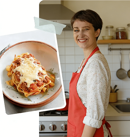 Home cook smiling in kitchen with baked pasta topped with melted cheese on penne