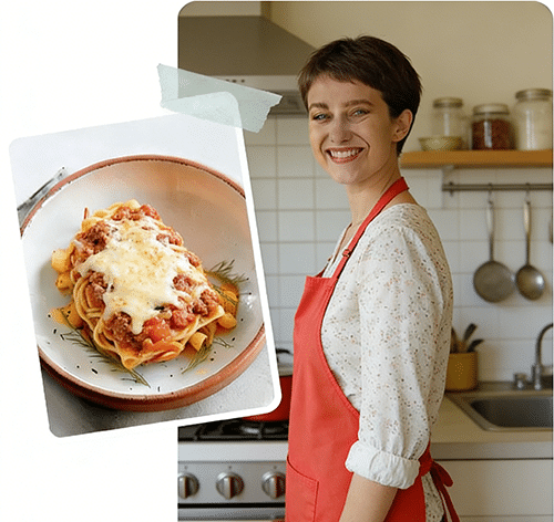 Home cook smiling in kitchen with baked pasta topped with melted cheese on penne