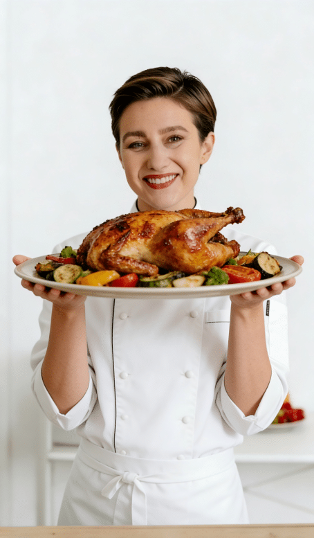 Female chef holding a roasted whole chicken with vegetables on a white plate in a kitchen