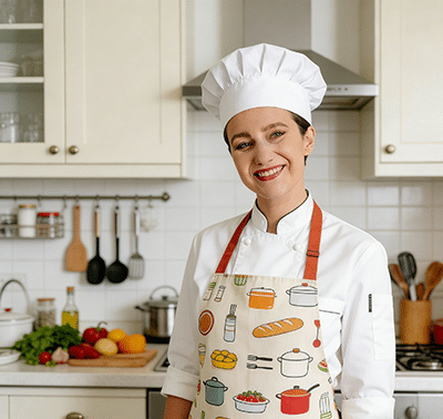 Smiling female chef in bright home kitchen preparing fresh ingredients for homemade recipe