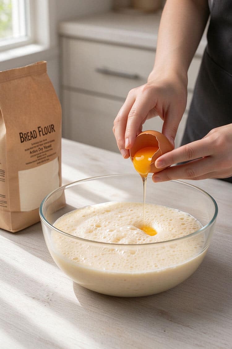 Hands cracking a fresh egg into a foamy yeast and warm milk mixture in a clear glass mixing bowl