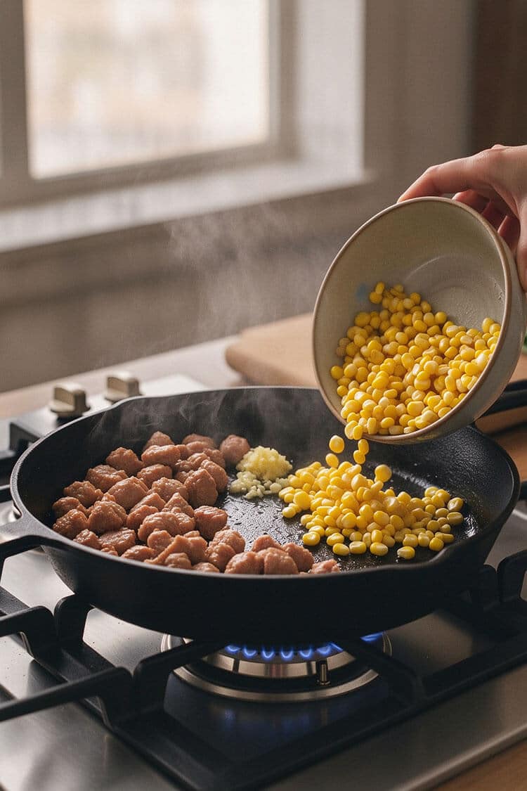 Hands pouring sweet yellow corn kernels from a ceramic bowl into a hot skillet with minced garlic and browned pork over an open gas flame