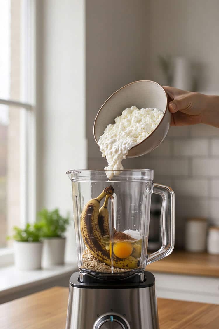 Pouring cottage cheese into a blender jar with bananas, eggs, and oats