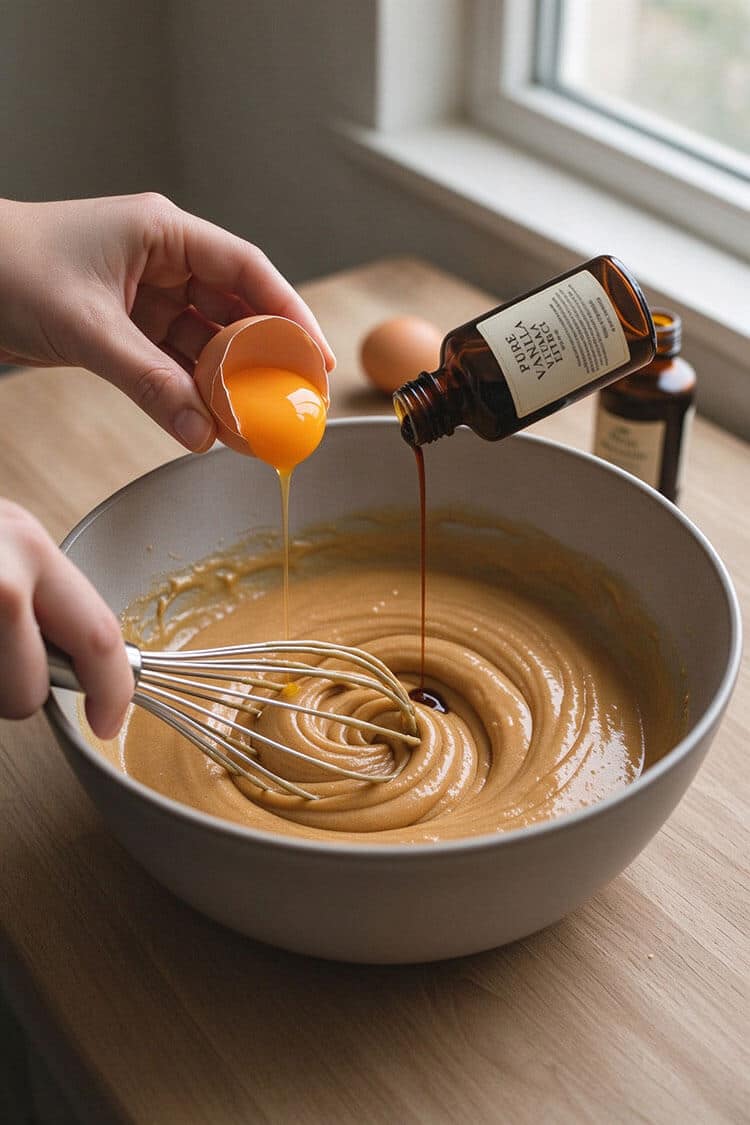 Dropping an egg yolk and pouring pure vanilla extract from a glass bottle into smooth cookie batter