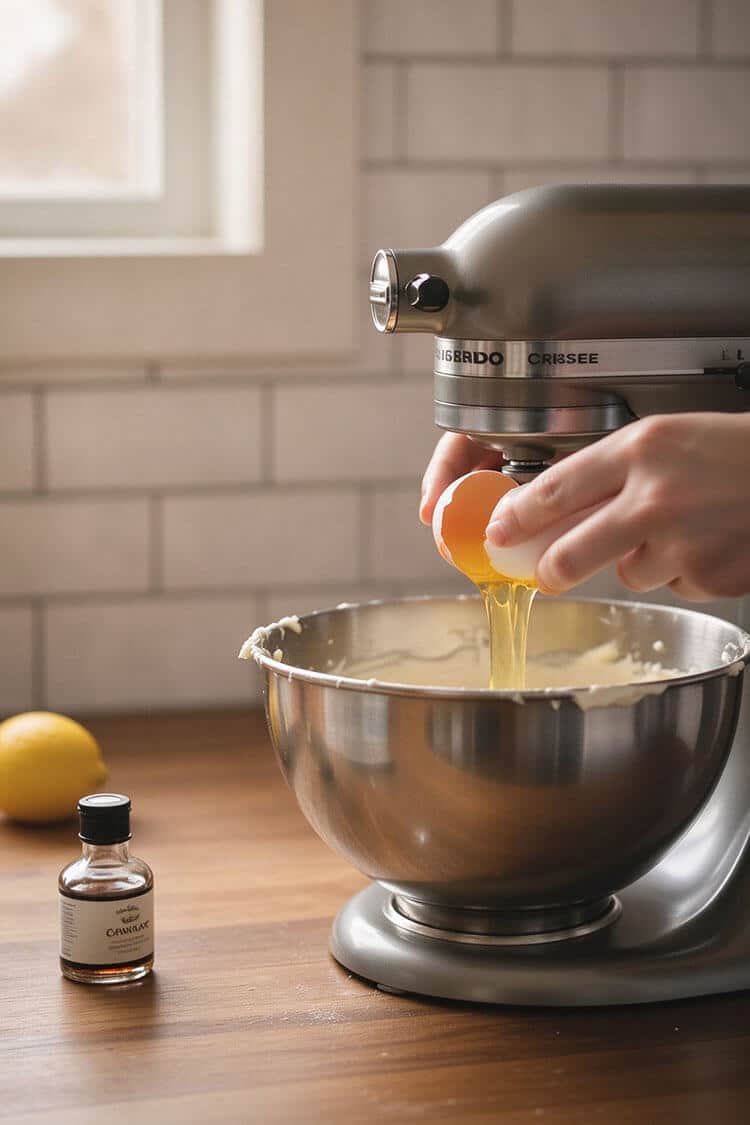 Hands cracking a fresh egg directly into smooth cream cheese cheesecake batter in a stand mixer bowl