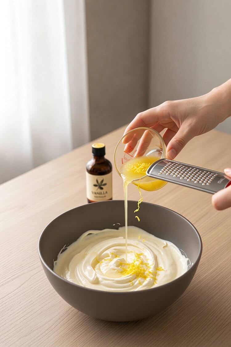 Pouring freshly squeezed lemon juice and grated yellow lemon zest into whipped cream cheese batter with a vanilla extract bottle in the background