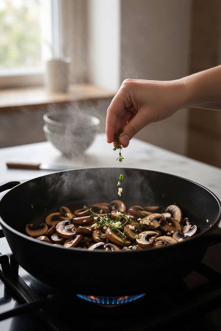 Hand sprinkling fresh thyme leaves and minced garlic over thick sliced cremini mushrooms sautéing in a hot black cast iron skillet