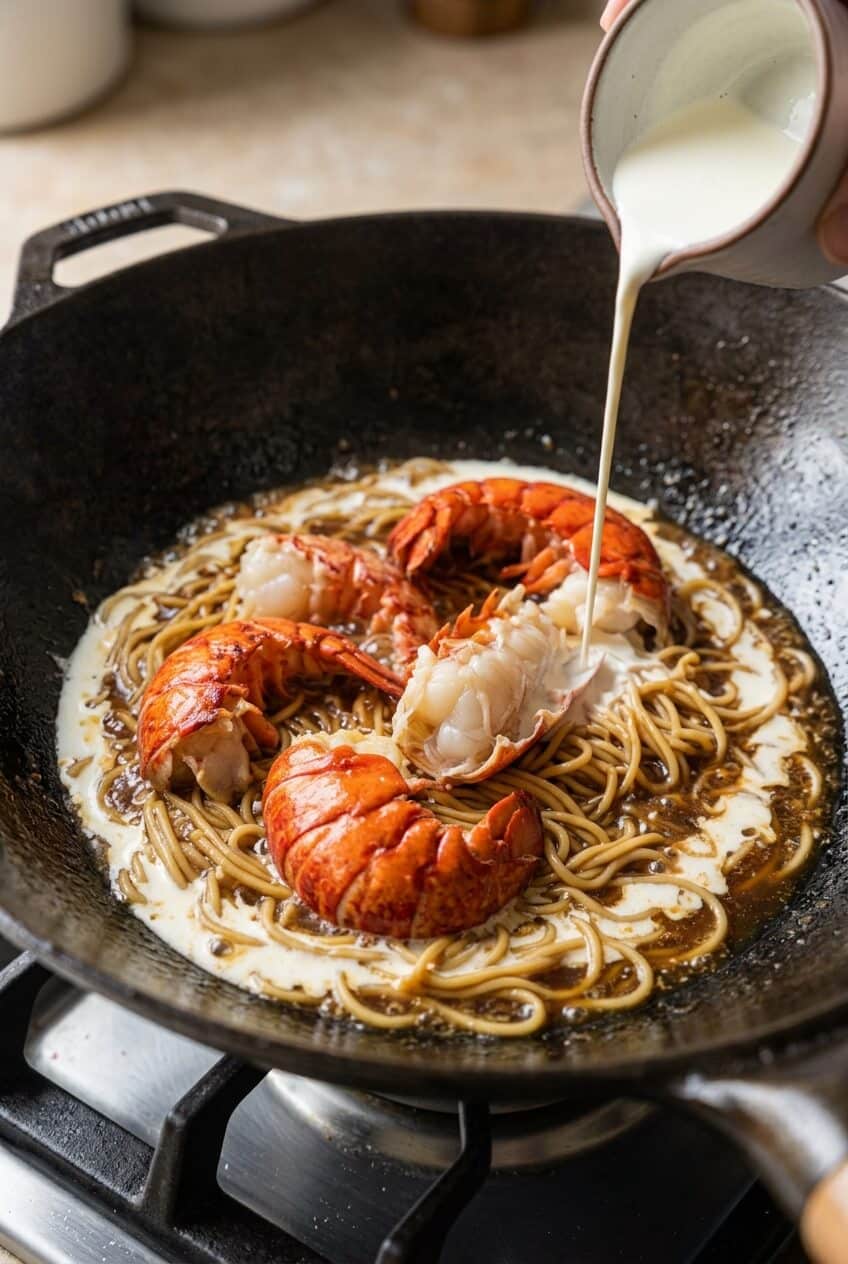 Pouring heavy cream from a ceramic cup around seared lobster chunks and braising e-fu noodles in a black wok