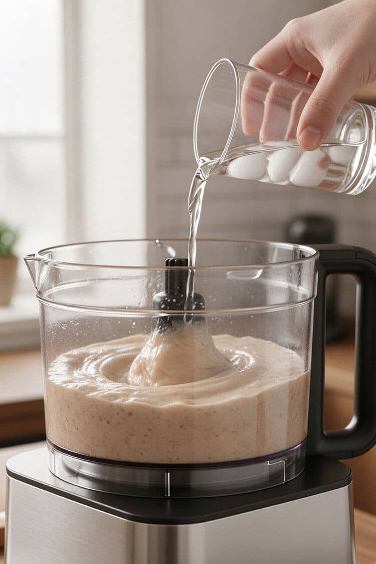 Pouring ice-cold water from a clear glass cup into running food processor pureeing pale beef paste