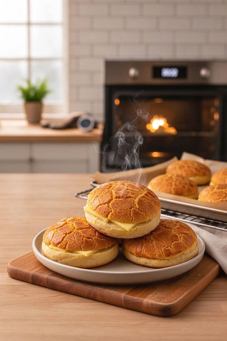Stack of freshly baked golden Hong Kong pineapple buns with melting butter and rising steam on a wooden board in front of a warm oven