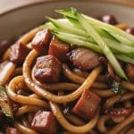 Macro extreme close-up of thick chewy jajangmyeon noodles coated in glossy black bean sauce with crispy golden pork belly cubes and julienned cucumber on top
