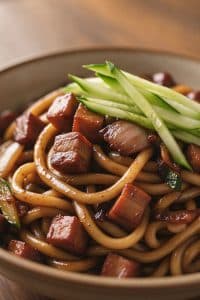 Macro extreme close-up of thick chewy jajangmyeon noodles coated in glossy black bean sauce with crispy golden pork belly cubes and julienned cucumber on top