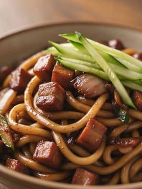 Macro extreme close-up of thick chewy jajangmyeon noodles coated in glossy black bean sauce with crispy golden pork belly cubes and julienned cucumber on top