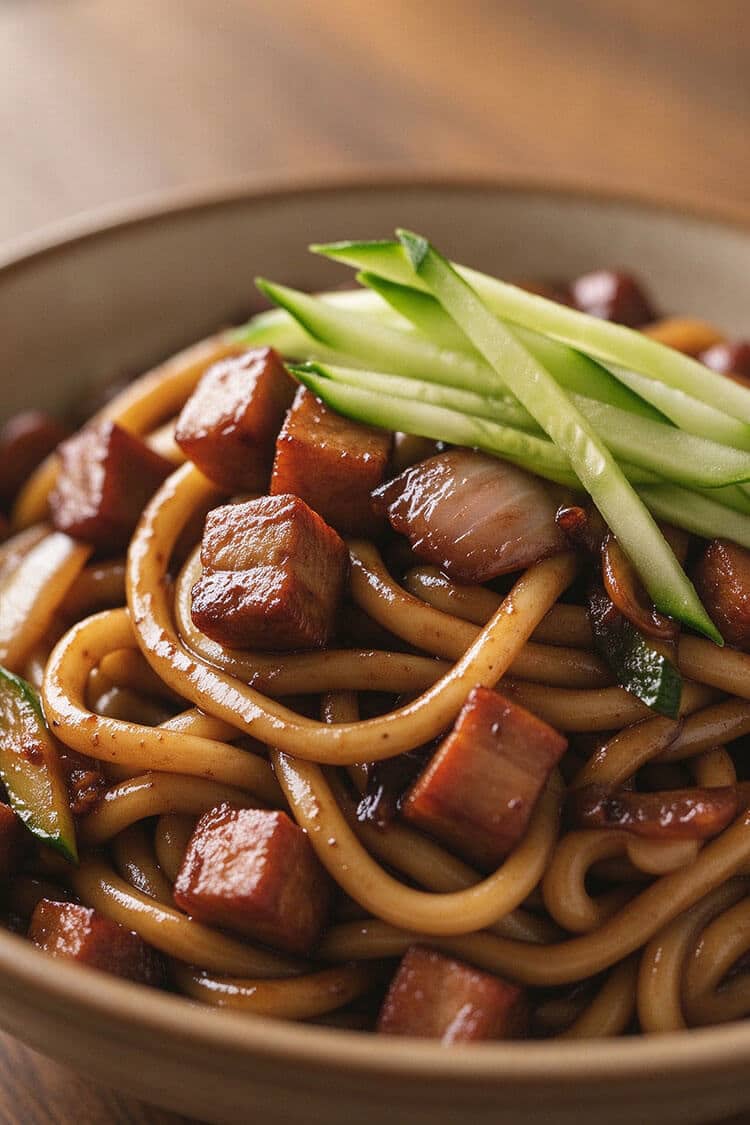 Macro extreme close-up of thick chewy jajangmyeon noodles coated in glossy black bean sauce with crispy golden pork belly cubes and julienned cucumber on top