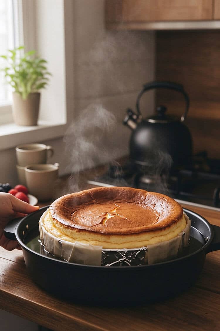 Freshly baked golden-brown Japanese soufflé cheesecake resting in a steaming water bath pan right out of the oven
