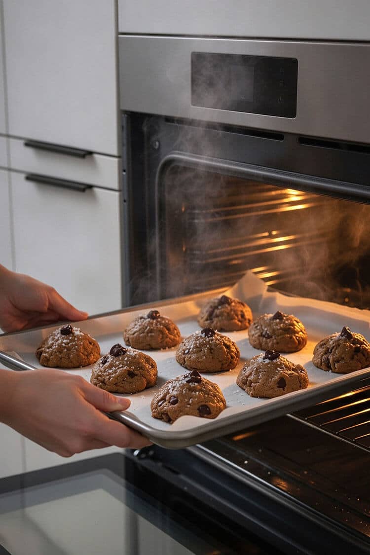 Placing a parchment-lined baking sheet of chilled chocolate chip cookie dough balls into a hot preheated oven