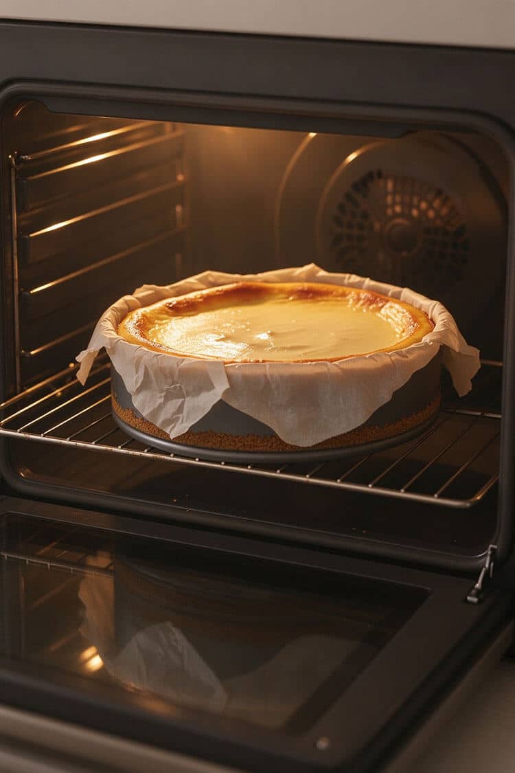 A parchment-lined springform pan with the first layer of cream cheese cake baking and gently rising inside a warm lighted oven