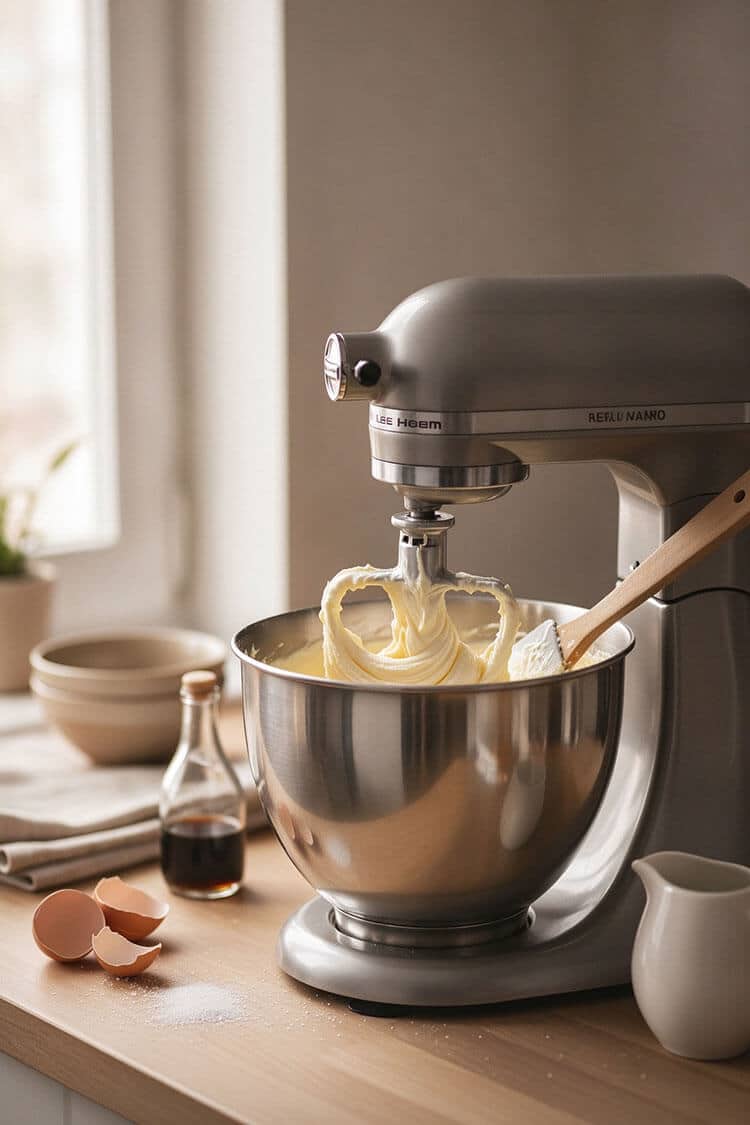 Silver stand mixer with paddle attachment lifting out of a smooth, glossy cream cheese and egg batter bowl on a kitchen table
