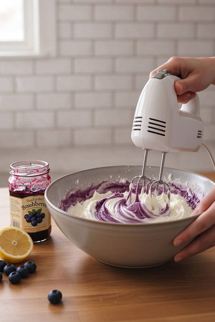 Electric hand mixer whipping rich white cream cheese with swirling purple blueberry jam in a ceramic bowl next to a fresh lemon and blueberries